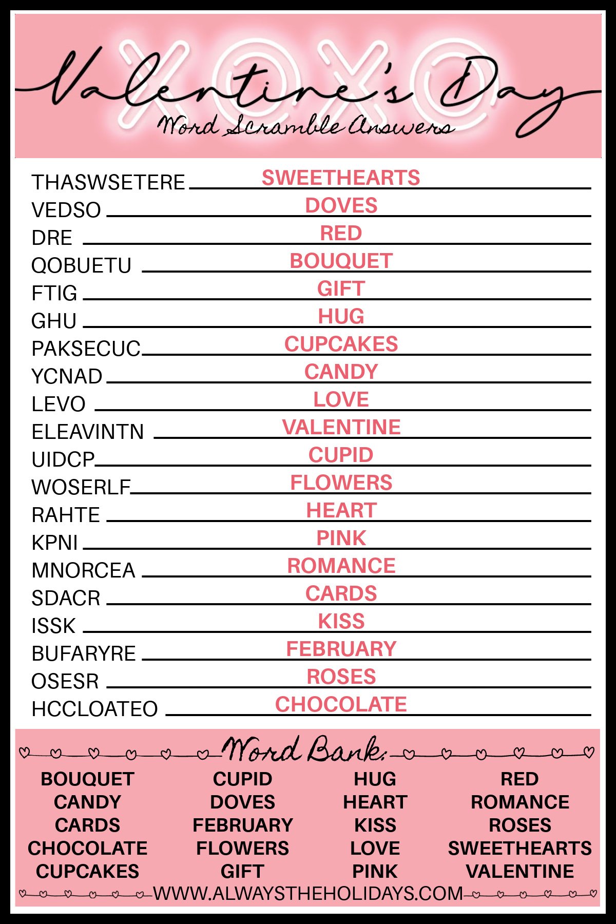valentine's day word scramble with answers - valentine's printable